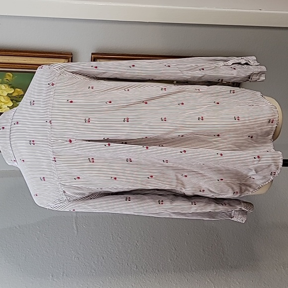 Beachlunchlounge cherry and striped blouse button down size L White black red - Picture 7 of 13